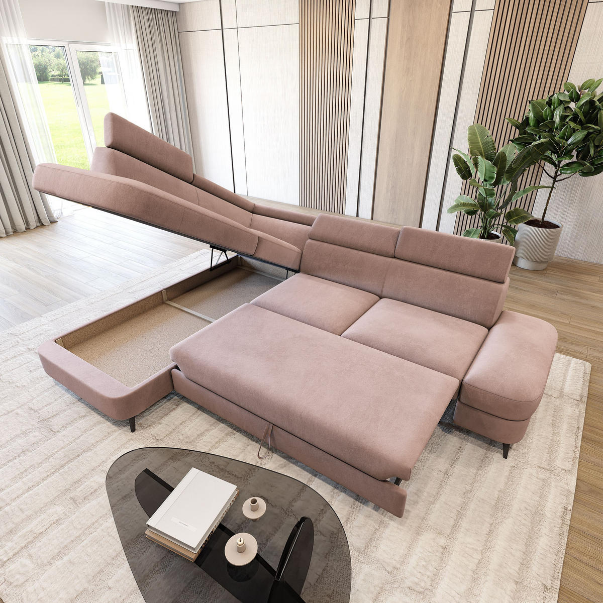 ECKSOFA AVISE MV L-S Rosa Velours-Stoff mit Schlaffunktion - Rosa, Holzwerkstoff/Textil (268/195cm) - MASSENO
