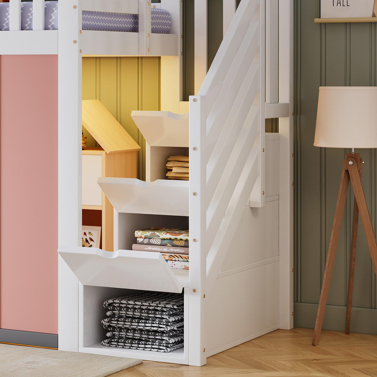KINDERBETT 90/200 mit Stauraumtreppe,LED und Rausfallschutz in Weiß und Pink - Weiß/Rosa, Holzwerkstoff (90/200cm) - EVRYAE