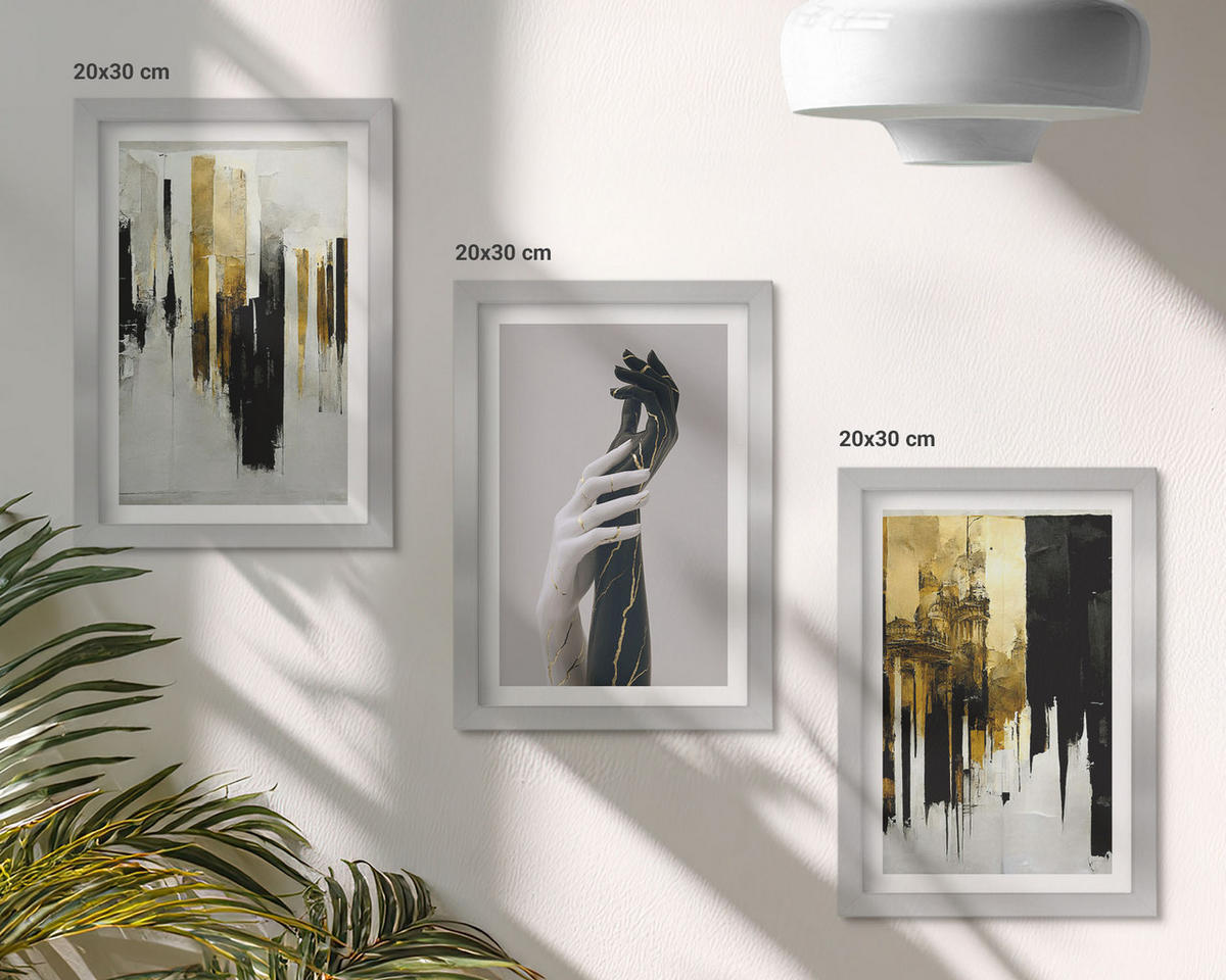 WANDBILDER 3er Set - 20x30 cm Silberner Rahmen - Abstrakte handgemalte Muster - Silberfarben, Kunststoff (20/30cm) - ArtPrintCave