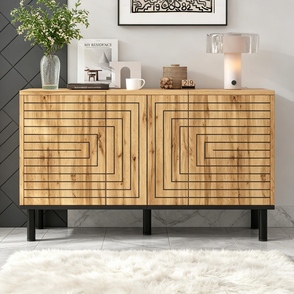 SIDEBOARD in Naturfarben mit 3 Türen für Esszimmer und Wohnzimmer, B120/T35/H68 cm - Schwarz/Naturfarben, Holzwerkstoff (120/68/35cm) - STILVORA