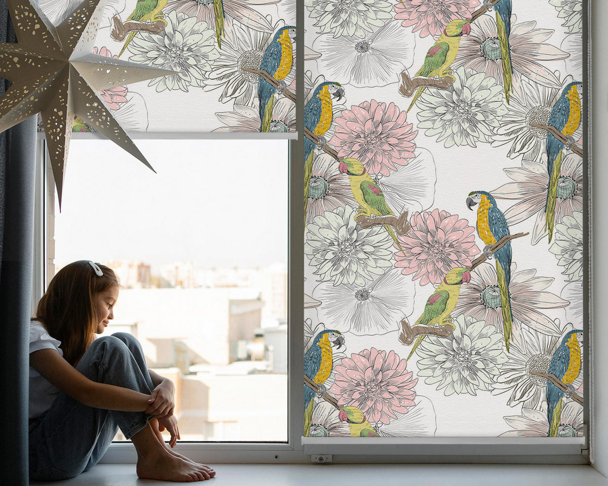 VNÚTORNÁ roleta - okenná roleta - roleta - 90x140 cm - Papagáje na konári - modrá, plast (90/140/0.5cm) - TULUP