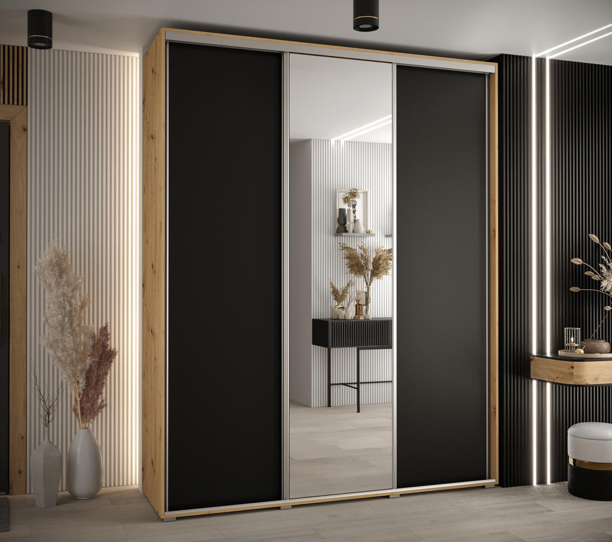 SCHWEBETÜRENSCHRANK 235,2/190/45 3-türig - Silberfarben/Schwarz, Holz/Metall (190/235/45cm) - Abiks Möbel