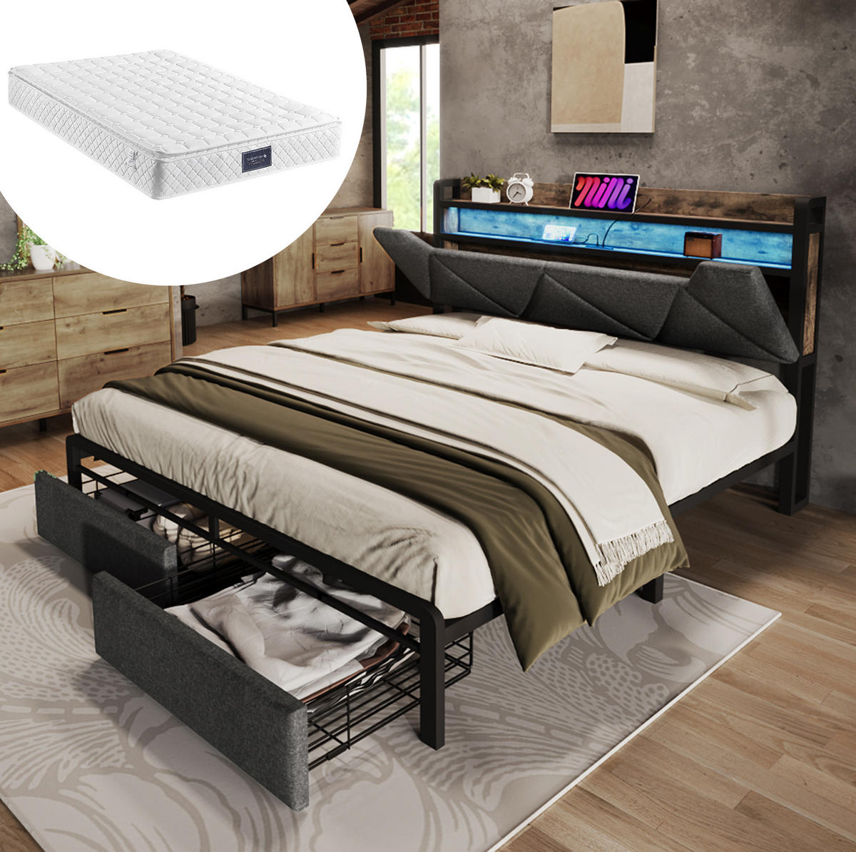 POLSTERBETT 140/200 cm aus Leinen mit LED, USB-C, Stauraum-Kopfteil, 2 Schubladen und Matratze, Grau - Grau, Textil (140/200cm) - Redom