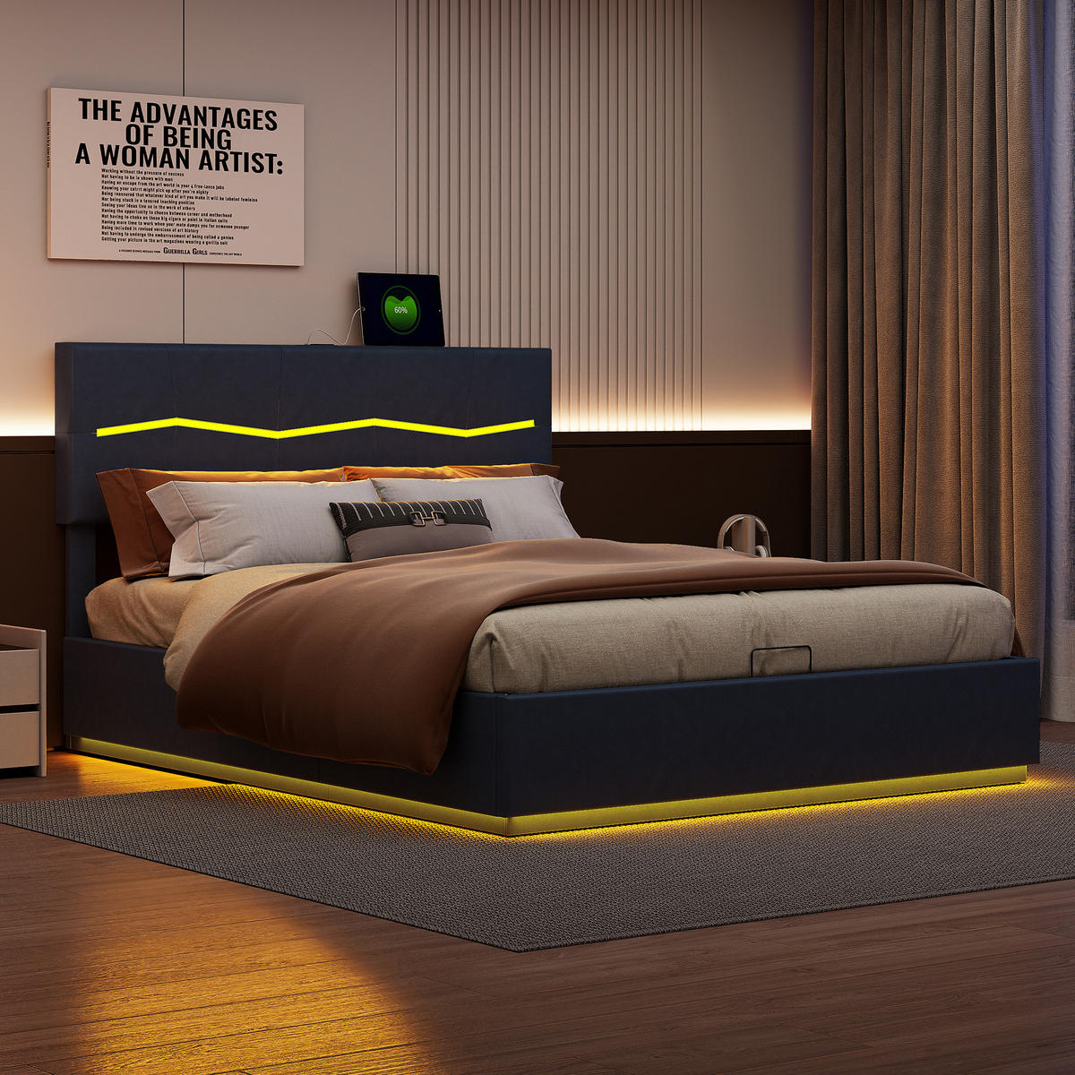 POLSTERBETT 180x200 cm, Schwarz, mit LED & USB-Typ-C-Ladeanschluss - Schwarz, Textil/Metall (180/200cm)