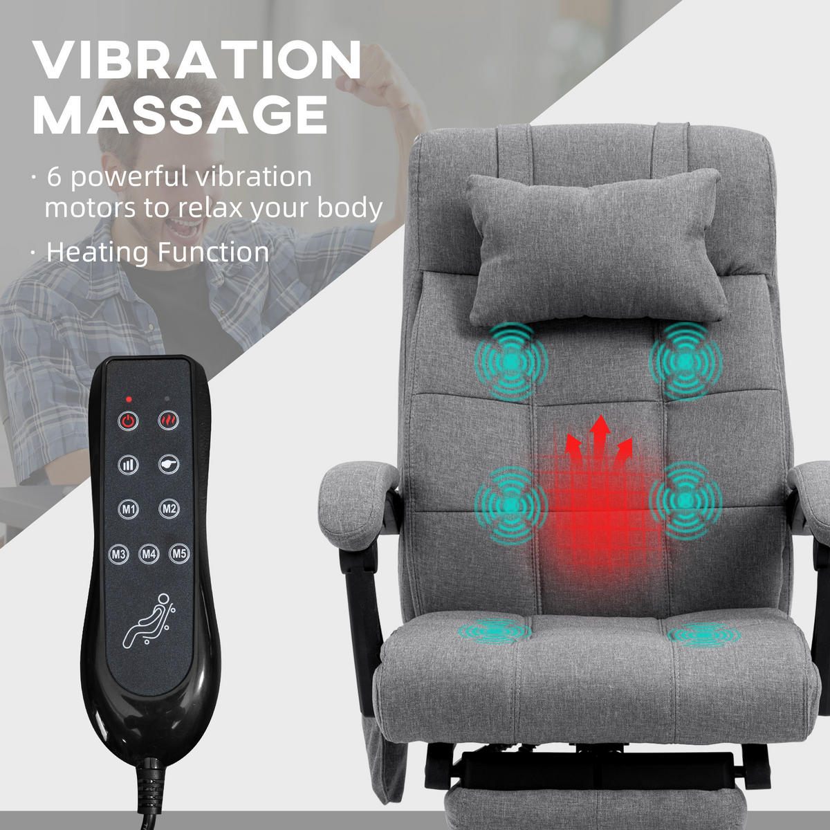 BÜROSTUHL mit Massagefunktion, Ergonomisch Schreibtischstuhl mit Lendenheizung - Grau, Kunststoff (76/124/66cm) - Vinsetto