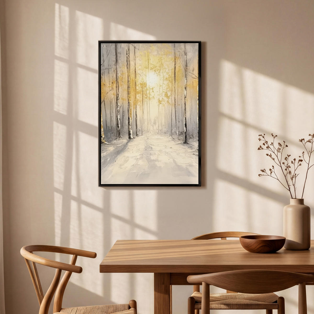 LEINWAND Bilder mit Rahmen - Winter - Abstrakt - Schnee - Natur - Sonne - 60x90 - Grau, Textil (60/90cm) - MuchoWow