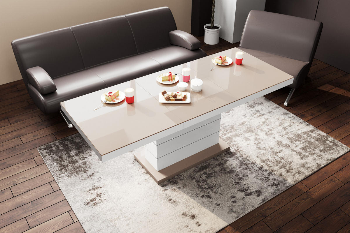 COUCHTISCH rechteckig Cappuccino Weiß Hochglanz auziehbar höhenverstellbar 120/70/50 cm - Weiß Hochglanz/Cappuccino, Holzwerkstoff (70/120/50cm)