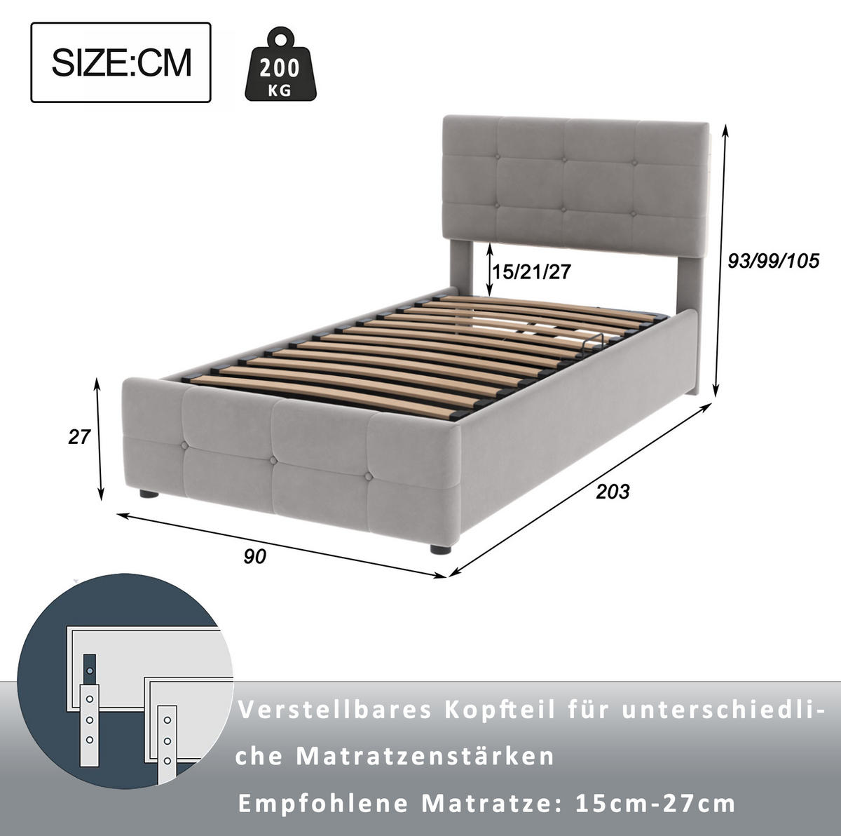 KINDERBETT 90/200 cm mit hydraulischem Stauraum, verstellbarem Kopfteil und Samtbezug, Grau - Grau, Textil (90/200cm) - Redom