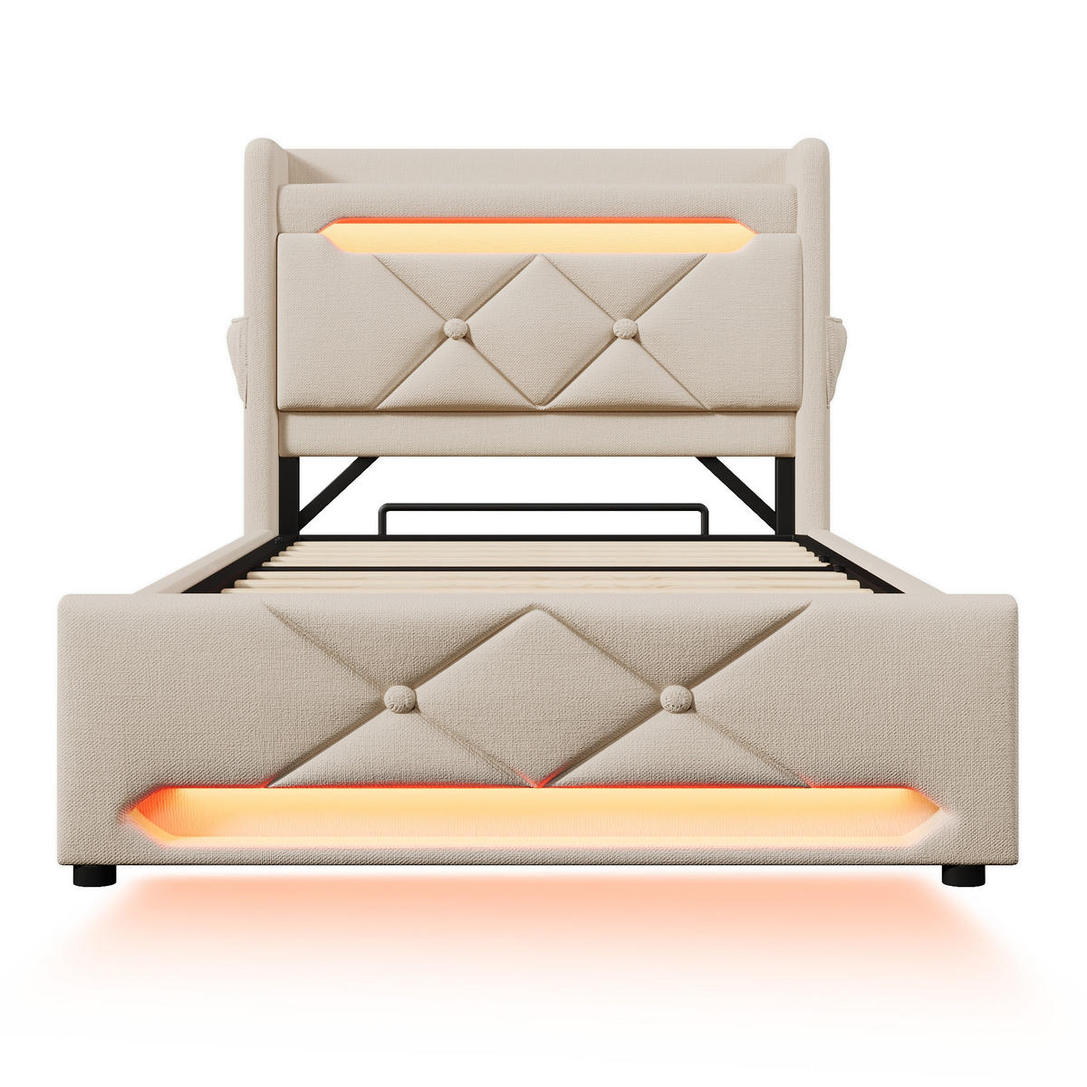 POLSTERBETT 90/200 cm beige Stauraum mit USB-Anschluss und LED-Beleuchtung - Beige, Textil (90/200cm) - OKWISH