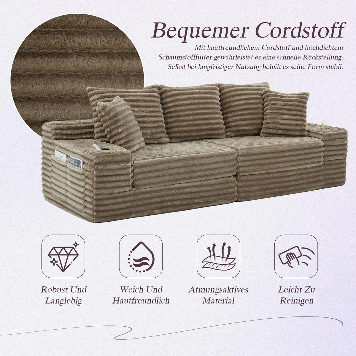 SCHLAFSOFA 273/98/87 cm Khaki mit beidseitigen Taschen und Getränkehaltern - Sandfarben, Textil (107.48/34.25/38.58cm) - Oxeza