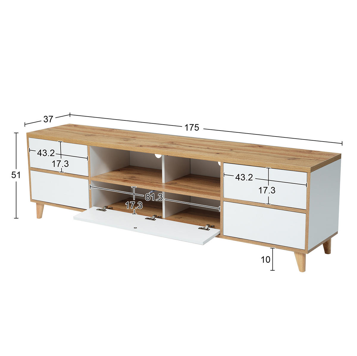 NÍZKÁ komoda, 175/37/51 cm, MDF bílá a barva dřeva - přírodní, kompozitní dřevo (175/51/37cm) - BEAOK