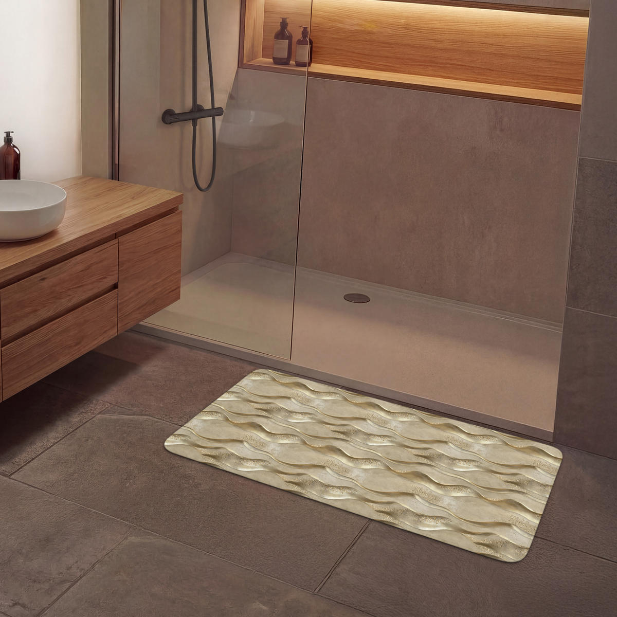 KOUPELNOVÁ PŘEDLOŽKA Vlny - vzor - zlaté 120x60 cm - barva mosazi, textil/plast (120/60cm)