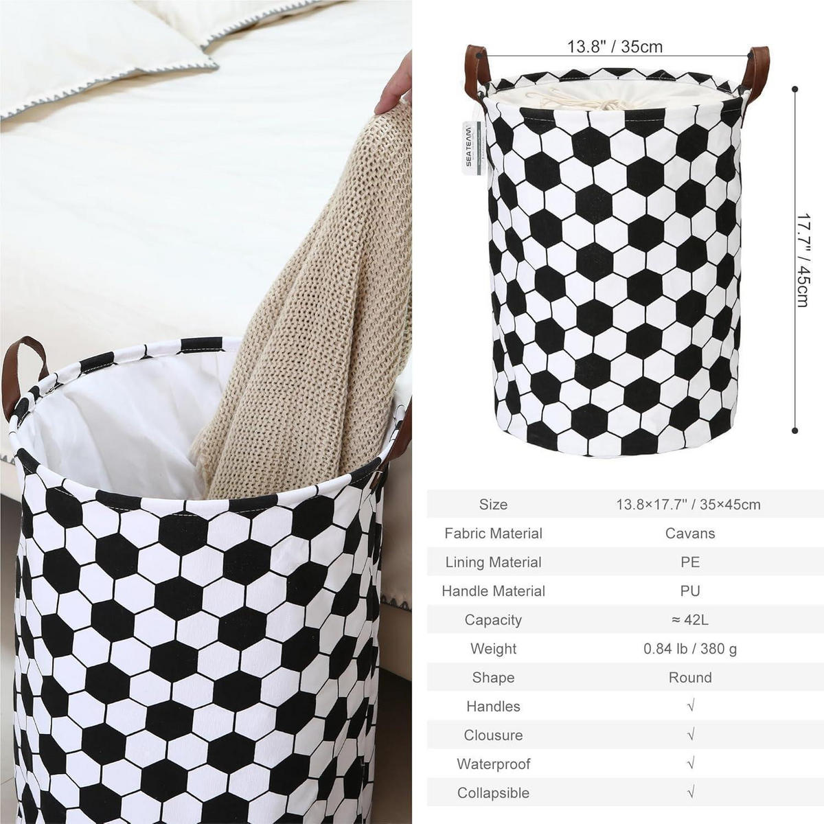 WÄSCHEKORB Fußballmuster Schwarz 45 x 35 cm - Multicolor, Textil (35/45/35cm)