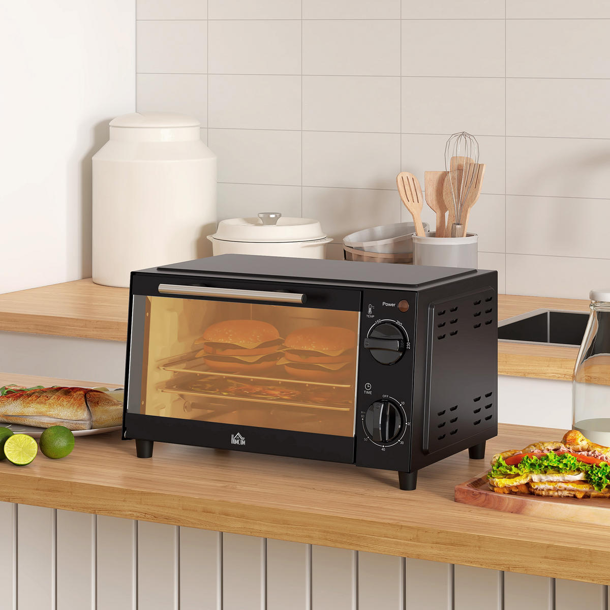 MINIBACKOFEN 9L 750W Mini Ofen mit Backblech & Grillrost, Einstellbare Temperatur 100-230°C, 60 Min. Timer, Schwarz - Schwarz, Metall (35/20/24.6cm) - Beaface