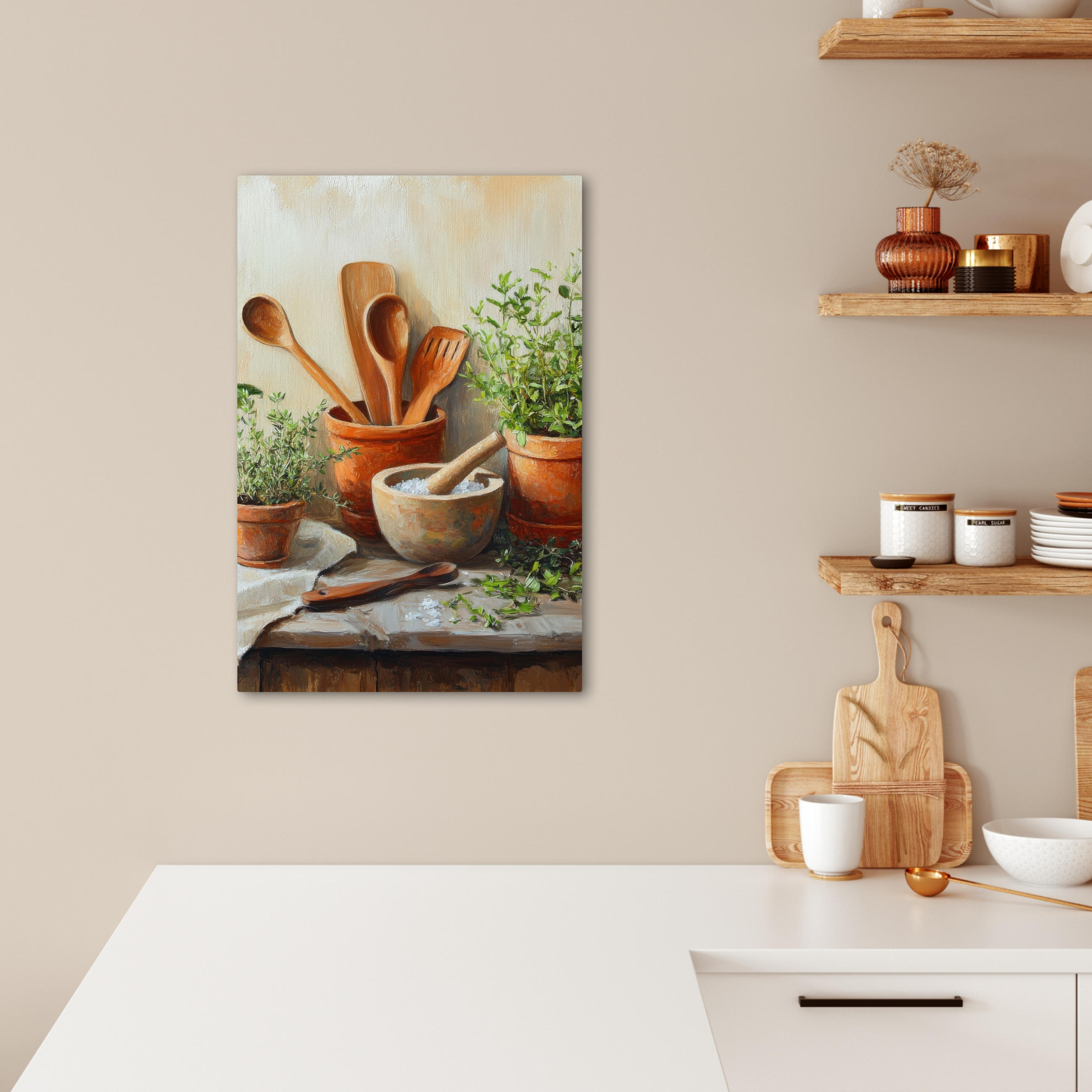 LEINWANDBILD Töpfe - Kräuter - Holz 40x60 cm - Terracotta, Textil (40/60cm) - MuchoWow