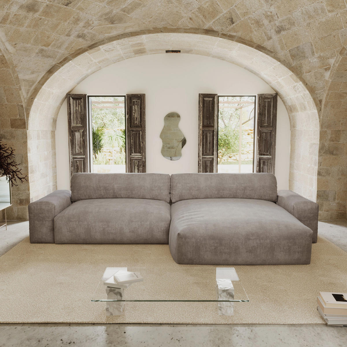 ECKSOFA RECHTS Samt Taupe 310cm - Taupe, Textil (310/174cm) - Sia Home