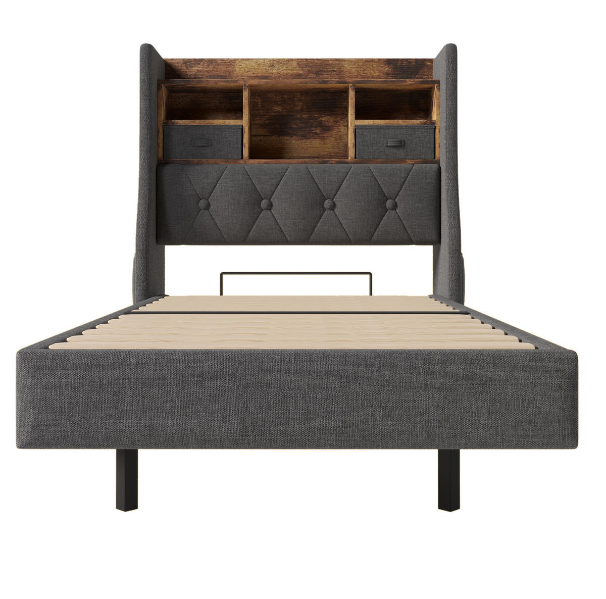 BETT mit LED und Ladestation 90x200 cm Leinen Gray mit Matratze - Grau, Holzwerkstoff (90/200cm) - Meubliv