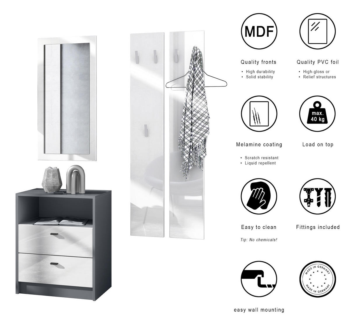 GARDEROBE Pino Weiß Hochglanz - Weiß Hochglanz, Holzwerkstoff (130/185/36cm) - Vladon
