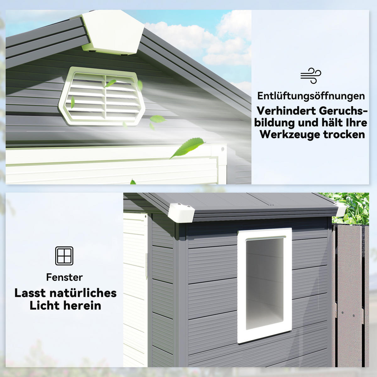 GERÄTEHAUS 1,1m², Geräteschuppen mit Satteldach, 133 x 102 x 208 cm, Kunststoff - Dunkelgrau, Kunststoff (102/208/133cm) - Outsunny