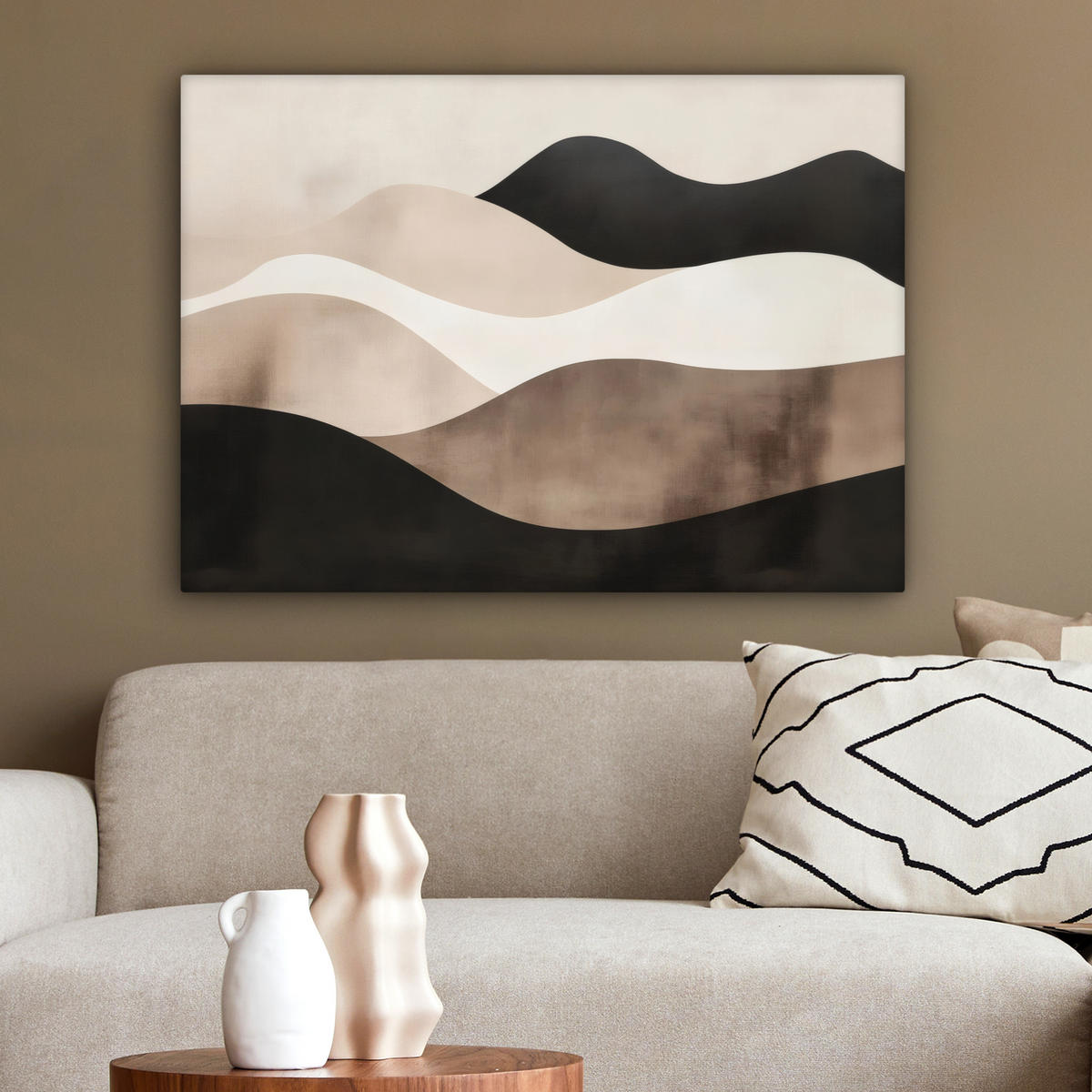 LEINWANDBILD Abstrakt - Landschaft - Wellen - Cremefarben Wandbilder 80x60 cm - Cappuccino, Textil (80/60cm) - MuchoWow