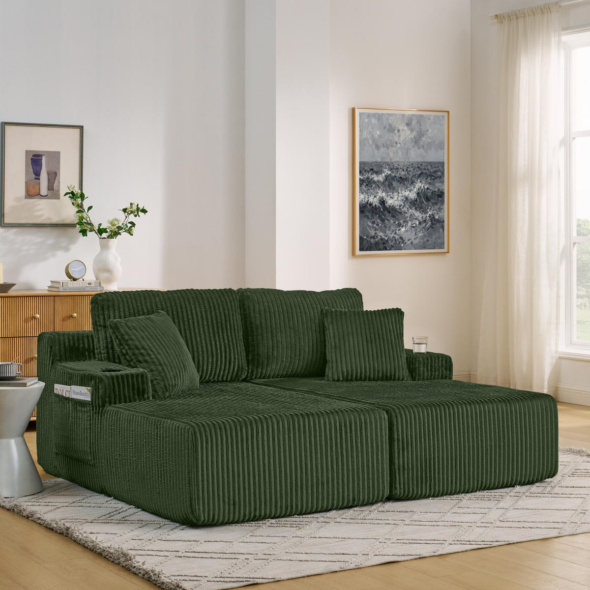 SCHLAFSOFA mit Getränkehalter, Seitentasche und abnehmbaren Kissen aus Schaumstoff, Grün - Grün, Kunststoff (186/78/154cm) - Redom