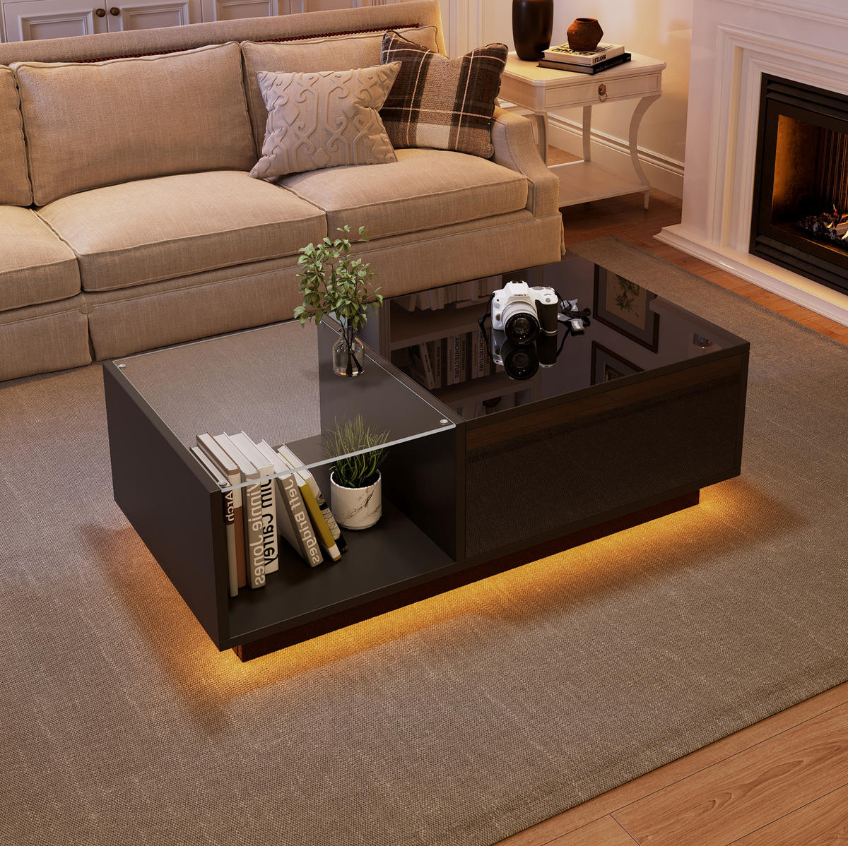 KLUBSKA miza, 100/50/33-46,5 cm črna, z LED-osvetlitvijo in dvižno ploščo - črna, leseni material (100/50/33cm) - BEAOK