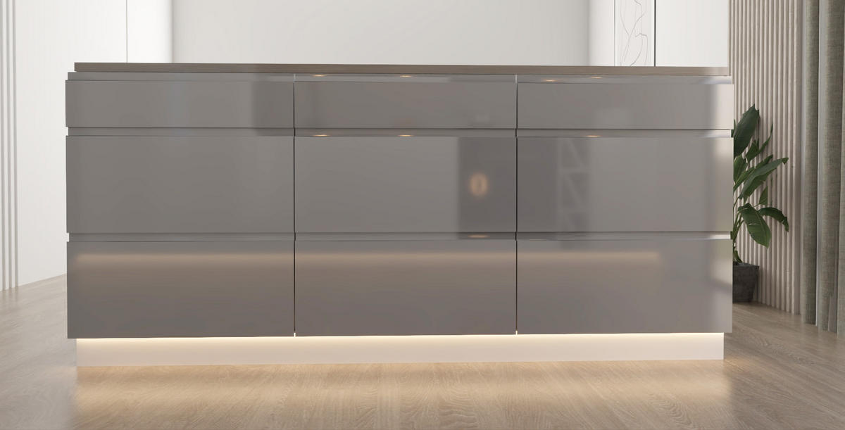 INSELKÜCHE 340 cm - Velmora KÜ-AS-011 - in Grau / Hochglanz - Grau, Holz (340/212/58cm) - ROYAL24_MARKT