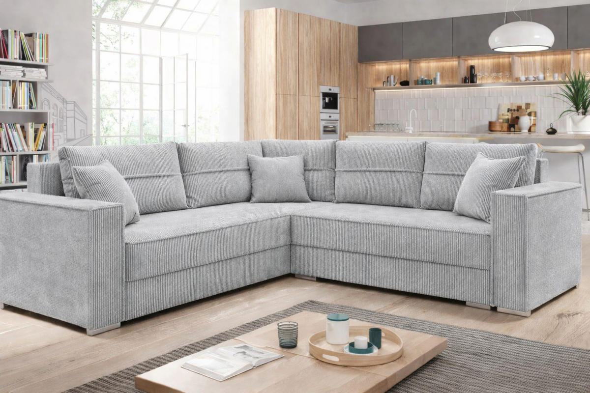 ECKSOFA PARIS – L-Form mit Schlaffunktion & Bettkasten Flauschiger Cord Stoff POSO Grau - Grau, Kunststoff (239/222cm) - Wohnideebilder