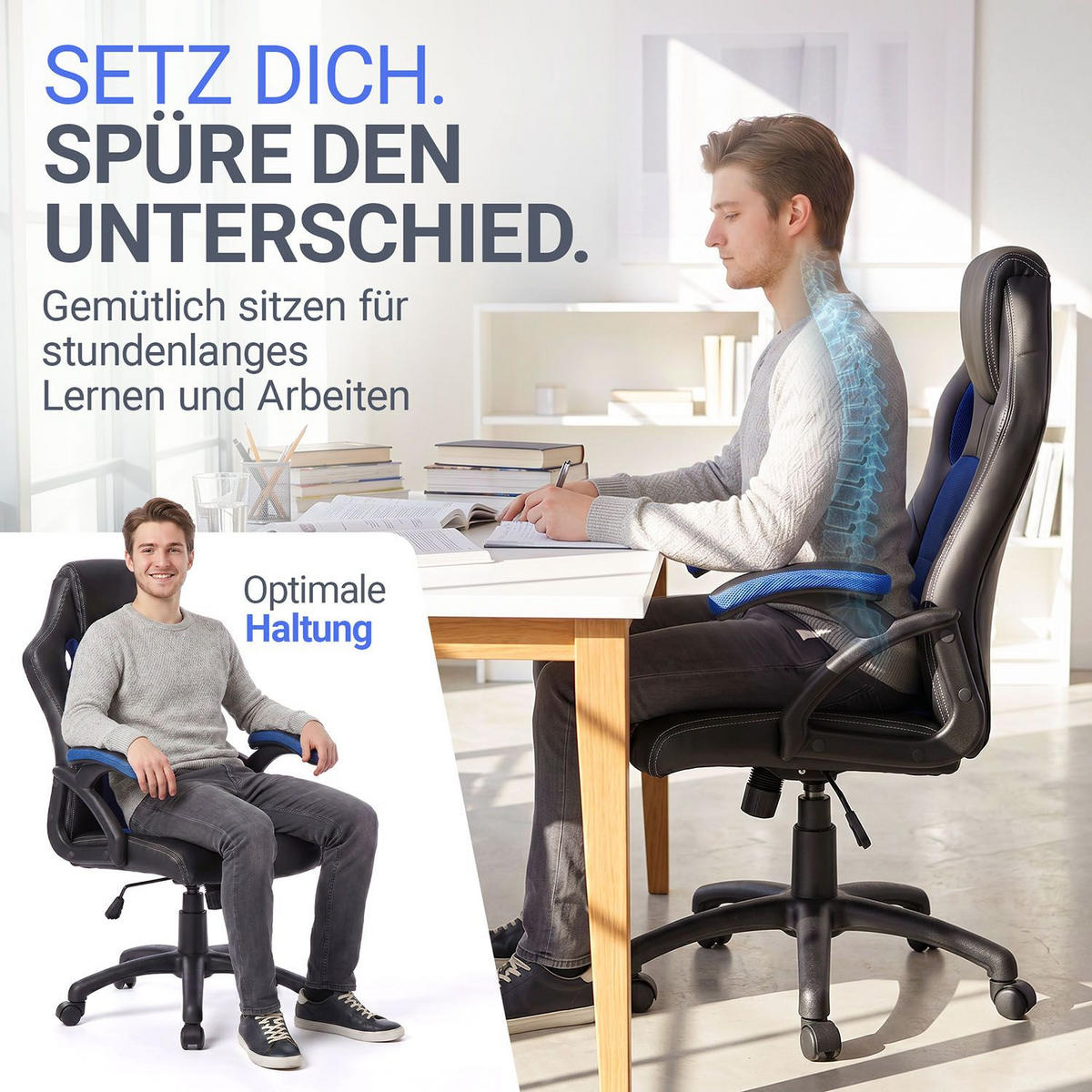 SCHREIBTISCHSTUHL Montreal blau - Blau, Textil (47/111/52cm) - Juskys