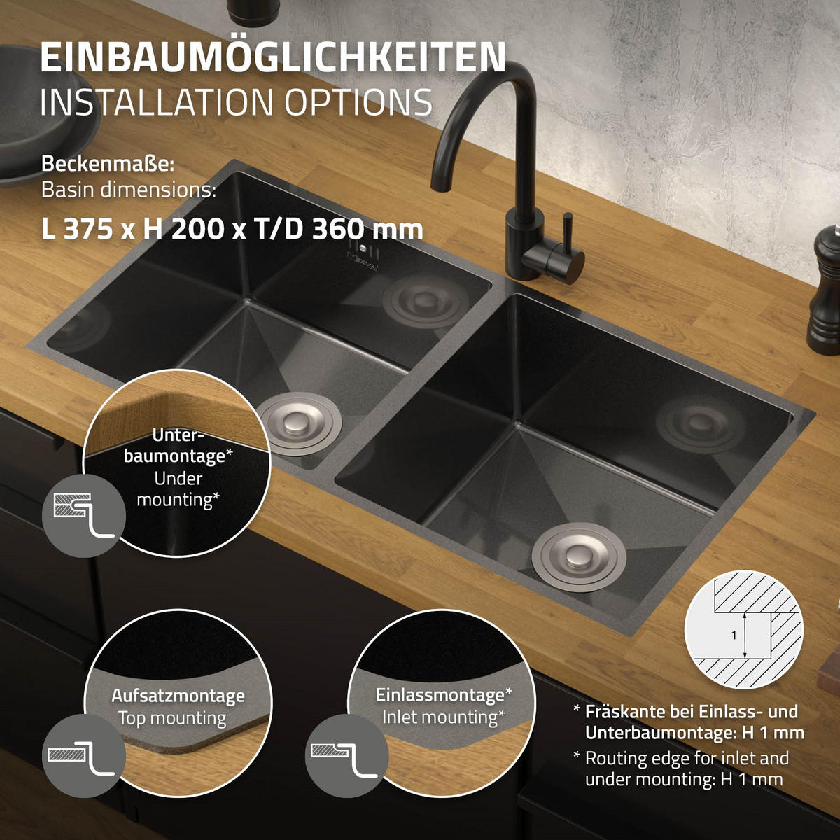 DOPPEL-SPÜLBECKEN Edelstahl 81,5/40cm Anthrazit - Anthrazit, Metall (81.5/20/40cm)