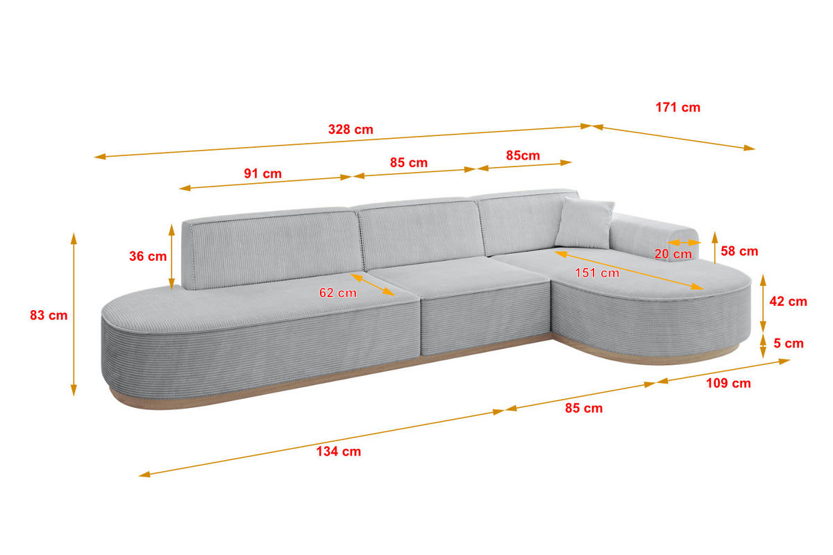ECKSOFA Ottomane Rechts MARI-L2-v1 - 328x171x83 cm Grau Cord - Grau, Holzwerkstoff/Textil (171/328cm) - ALTDECOR