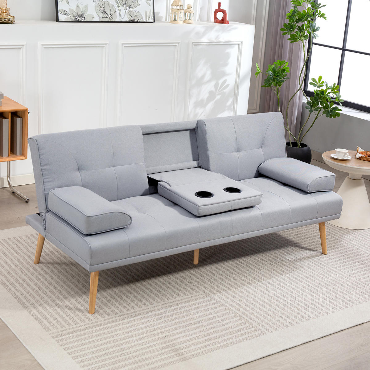SCHLAFSOFA Sofabett Schlafcouch 3 Sitzer Leinen Hellgrau - Hellgrau/Naturfarben, Holz/Textil (77/78/181cm) - HOMCOM