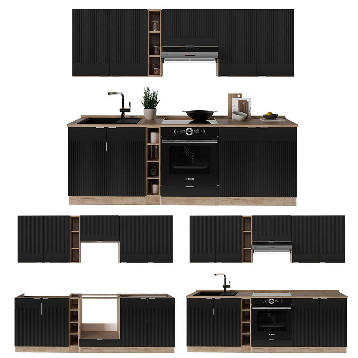 KUCHYŇSKÁ LINKA Fame-Line, černé pruhy/dub Goldkraft, 235 cm, AP antracit - medově dubová/černá, kompozitní dřevo (235/81.6/60cm) - Vicco