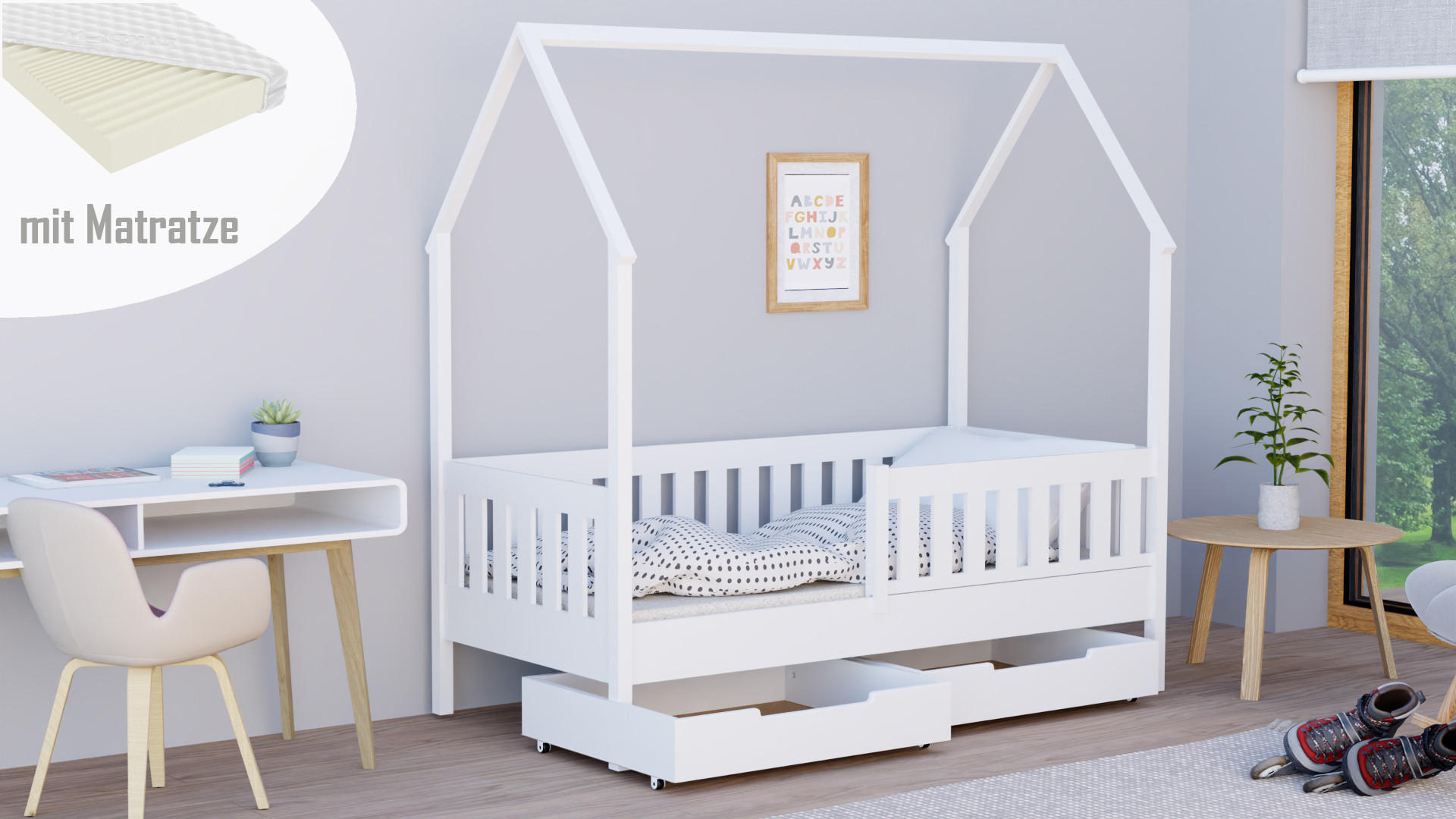 HAUSBETT 160x80 weiß mit Schubladen mit Matratze - Weiß, Holzwerkstoff (80/160cm)