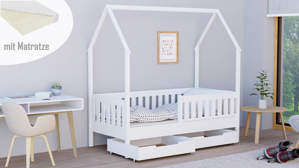 HAUSBETT 140x70 weiß mit Schubladen mit Matratze - Weiß, Holzwerkstoff (70/140cm)