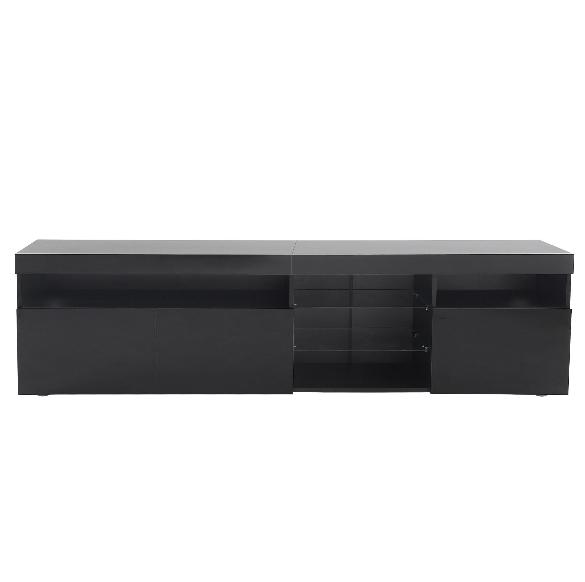 Modfu TV stolek z MDF 180x48x35 cm černý s LED osvětlením, 3 dvířky a povrchem ve vysokém lesku