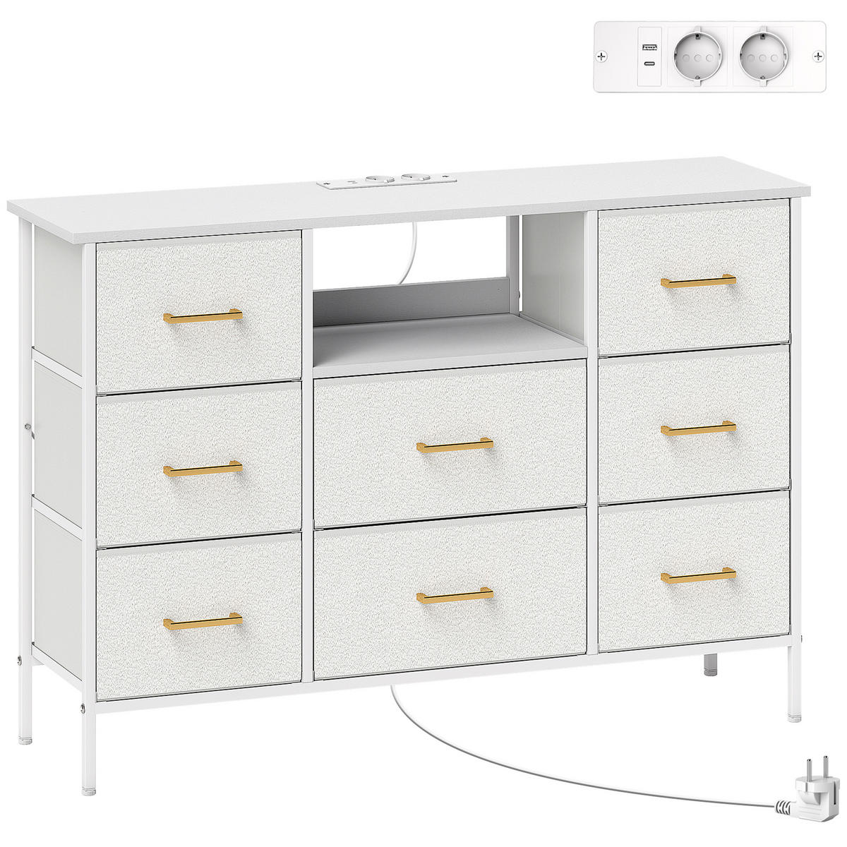 KOMMODE, Aufbewahrungsschrank mit 8 Schubladen aus Stoff, Stahlrahmen, Cremeweiß - Goldfarben/Creme, Textil/Metall (30/76/110cm) - HOMCOM
