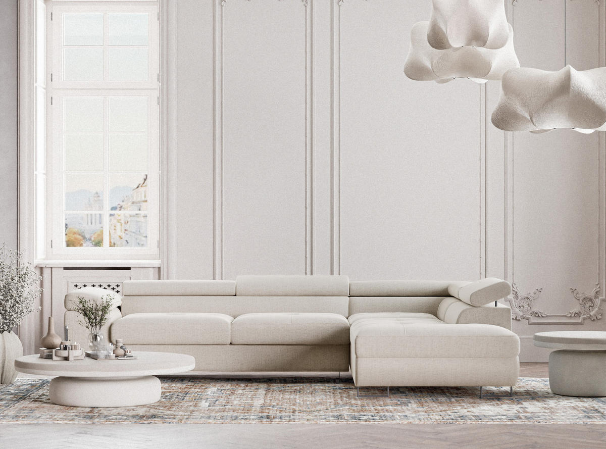 ECKSOFA Concord Hellbeige Webstoff - Rechts Seite - Creme/Schwarz, Holz/Holzwerkstoff (277/203cm) - Maison de Reve