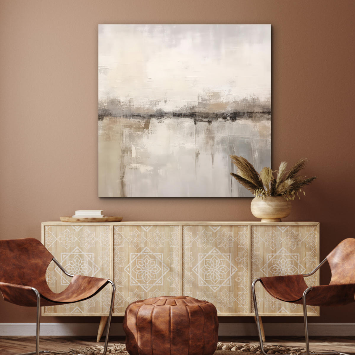 KOVOVÝ OBRAZ Moderné umenie - Abstraktné - Béžové 90x90 cm - béžová, kov (90/90cm) - MuchoWow
