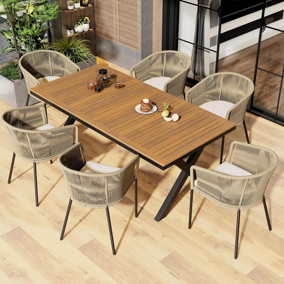 GARTENSET 7-TEILIG 6 Sessel 1 Tisch Seil & Akazienholz Kissen waschbar - Beige, Metall - FLIEKS