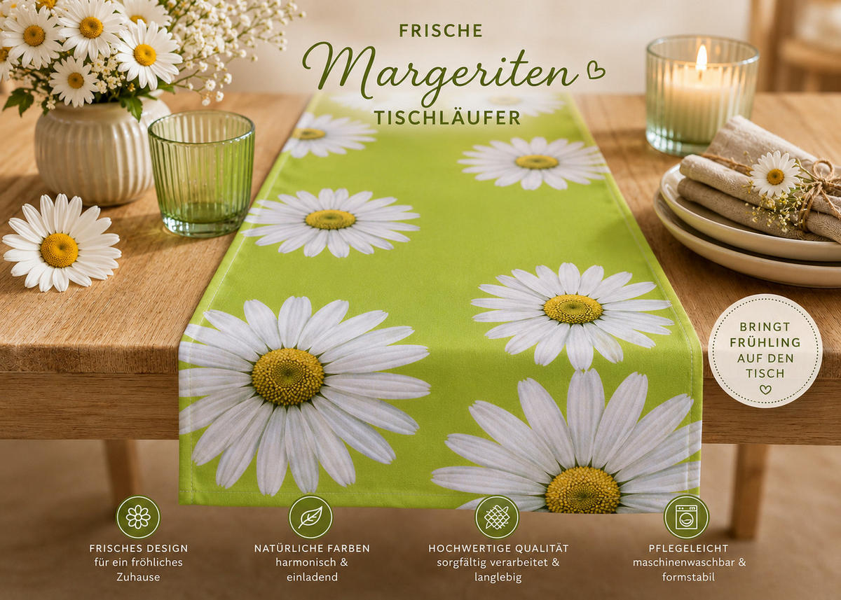 TISCHLÄUFER 40/140 cm Grün Margeriten Frühling Sommer - Grün, Textil (40/140cm) - TiborTex