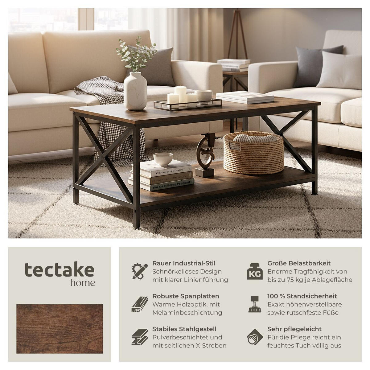 COUCHTISCH Pittsburgh,100 x 55 x 45,5 cm,Industrial Holz dunkel, rustikal - Rostfarben, Holzwerkstoff (100/55/45.5cm) - tectake