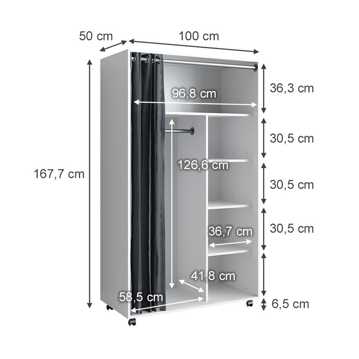 KLEIDERSCHRANK Doros Weiß 100 x 168 cm - Weiß, Holzwerkstoff (100/168/50cm) - Vicco