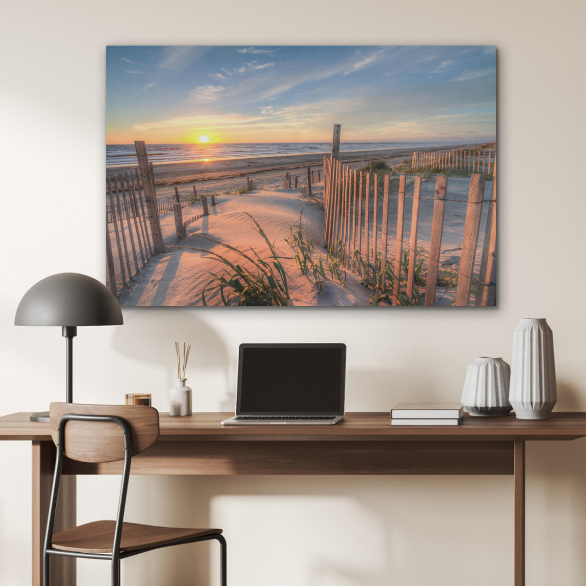 AKUSTIKBILD Strand - Meer - Düne - Sonnenuntergang - Landschaft Akustikpaneele 90x60 cm - Beige, Kunststoff (90/60/0.9cm) - MuchoWow