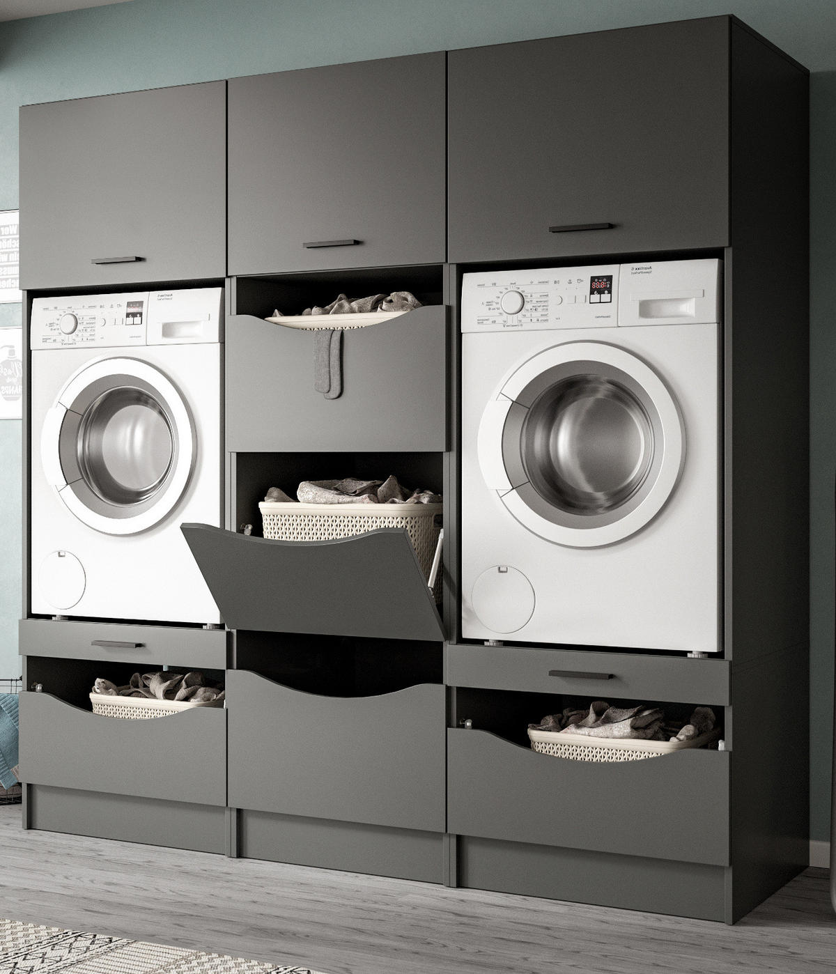 WASCHMASCHINENSCHRANK grau Set 3-teilig 192 cm, Umbau für Waschmaschine und Trockner - Schwarz/Grau, Holzwerkstoff/Kunststoff (192/196/68cm) - Inn.Furn