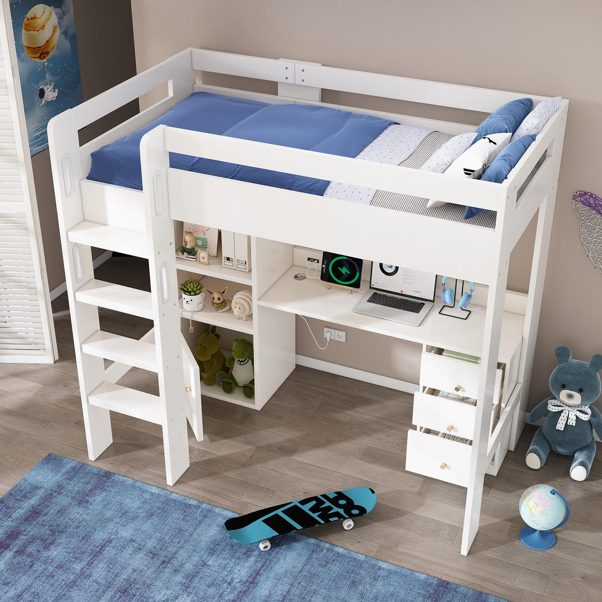 HOCHBETT 90/200 cm in Weiß mit Schreibtisch, Regal und USB - Weiß, Holz/Holzwerkstoff (90/200cm) - WISHDOR
