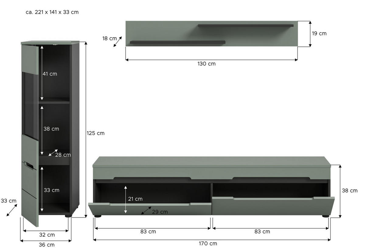 WOHNWAND Nova 3 tlg. (B/H/T: ca. 221/141/33 cm) in Basalt grau/Smoke Green - Grau, Holzwerkstoff (221/141/33cm)