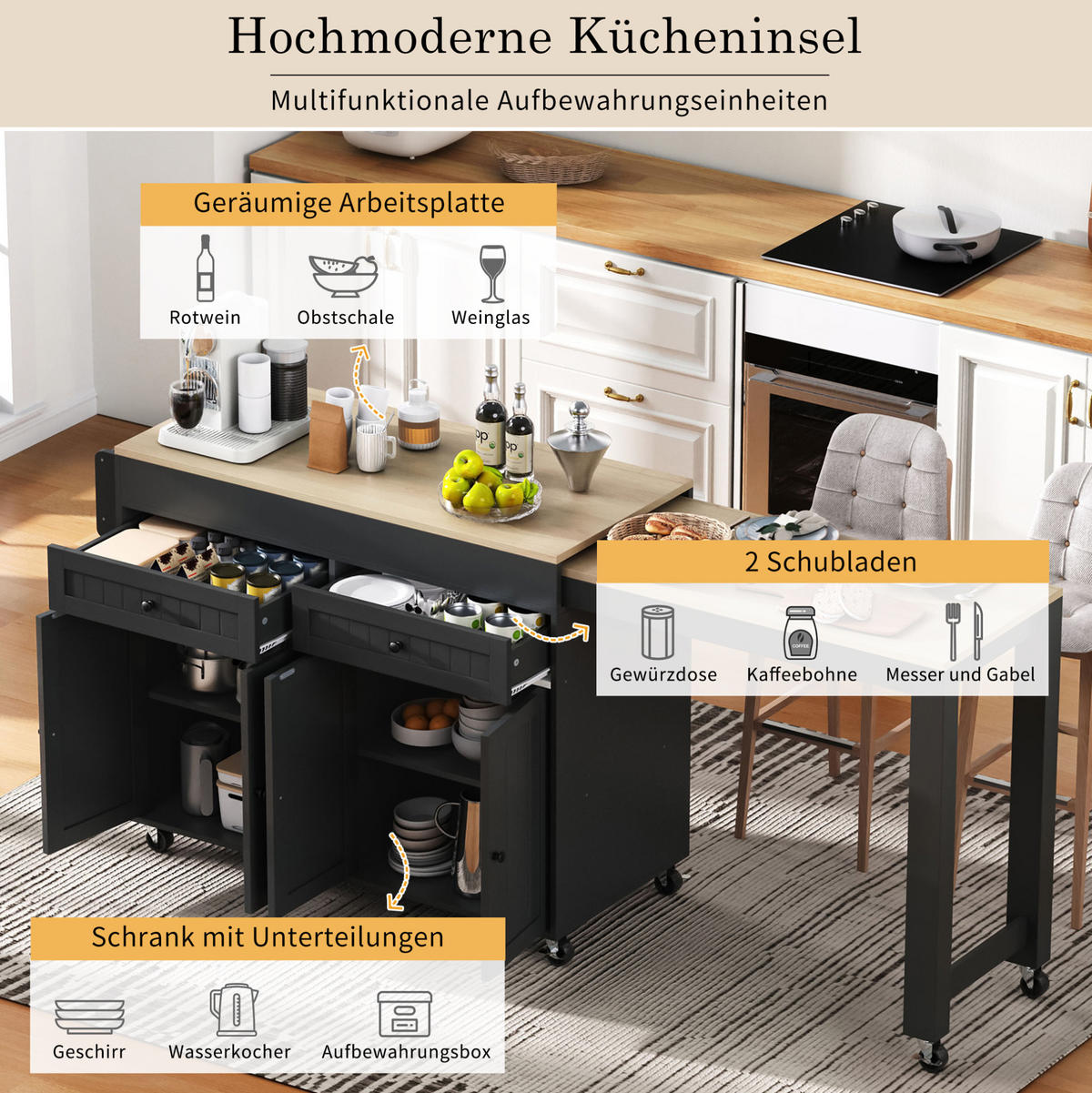 KÜCHENINSEL mit ausziehbarer Arbeitsplatte 112-180,5 cm MDF Black/Natural - Schwarz, Holz (45/92.2/180.5cm) - Beauniv