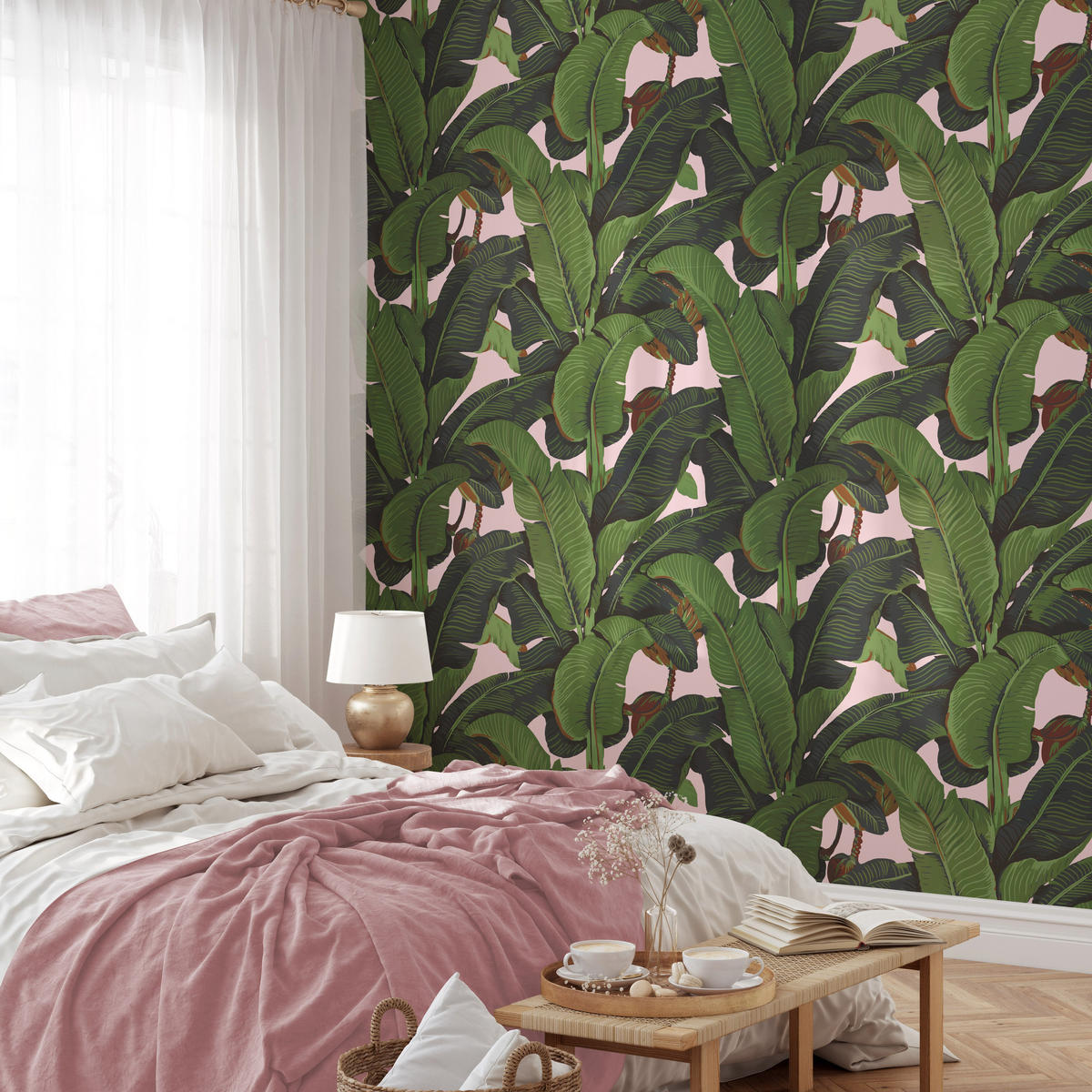 TAPETE Bananenblätter aus echtem Papier, 200x280cm, 8 Bögen - Pink, Papier (200/280cm) - WALLPAPERS4BEGINNERS