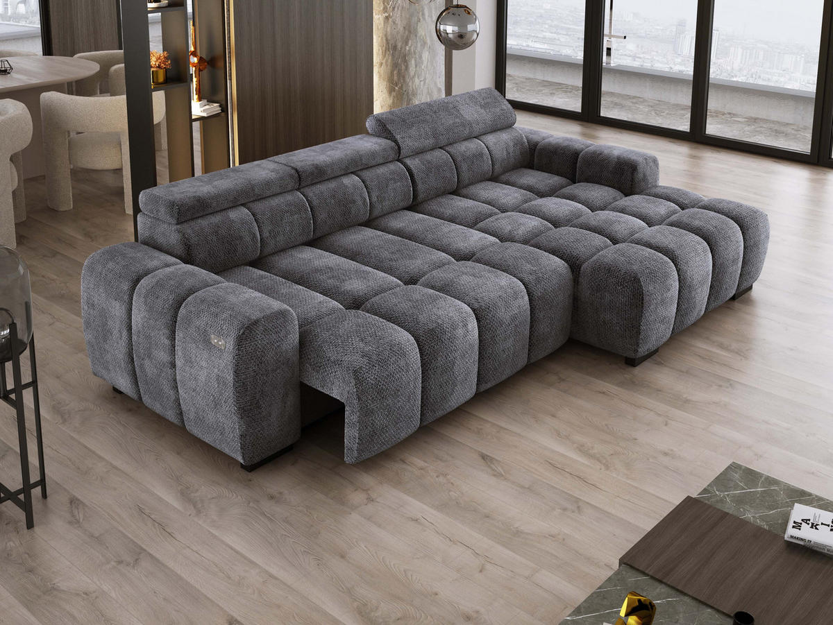 ECKSOFA OMBO 285x168x77/97 cm, Rechts, Schlaffunktion, elektr. Sitz, Kopfstützen, hydrophober EDEN-Stoff – Graphit - Anthrazit, Holz/Textil (285/168cm) - DomoHome